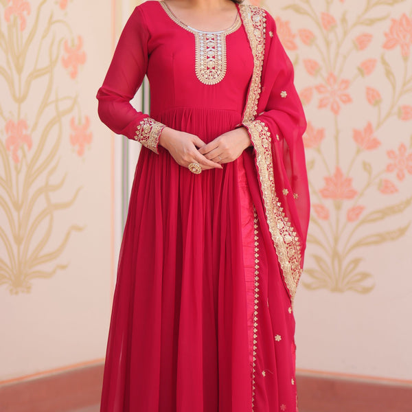 Vedant Vastram Georgette Embroidery & Sequence Work Stitched Ethnic Gown-Pink