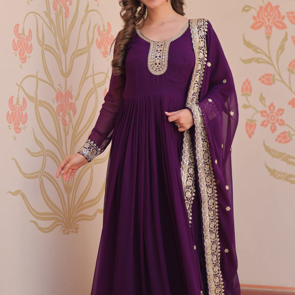 Vedant Vastram Georgette Embroidery & Sequence Work Stitched Ethnic Gown-Purple