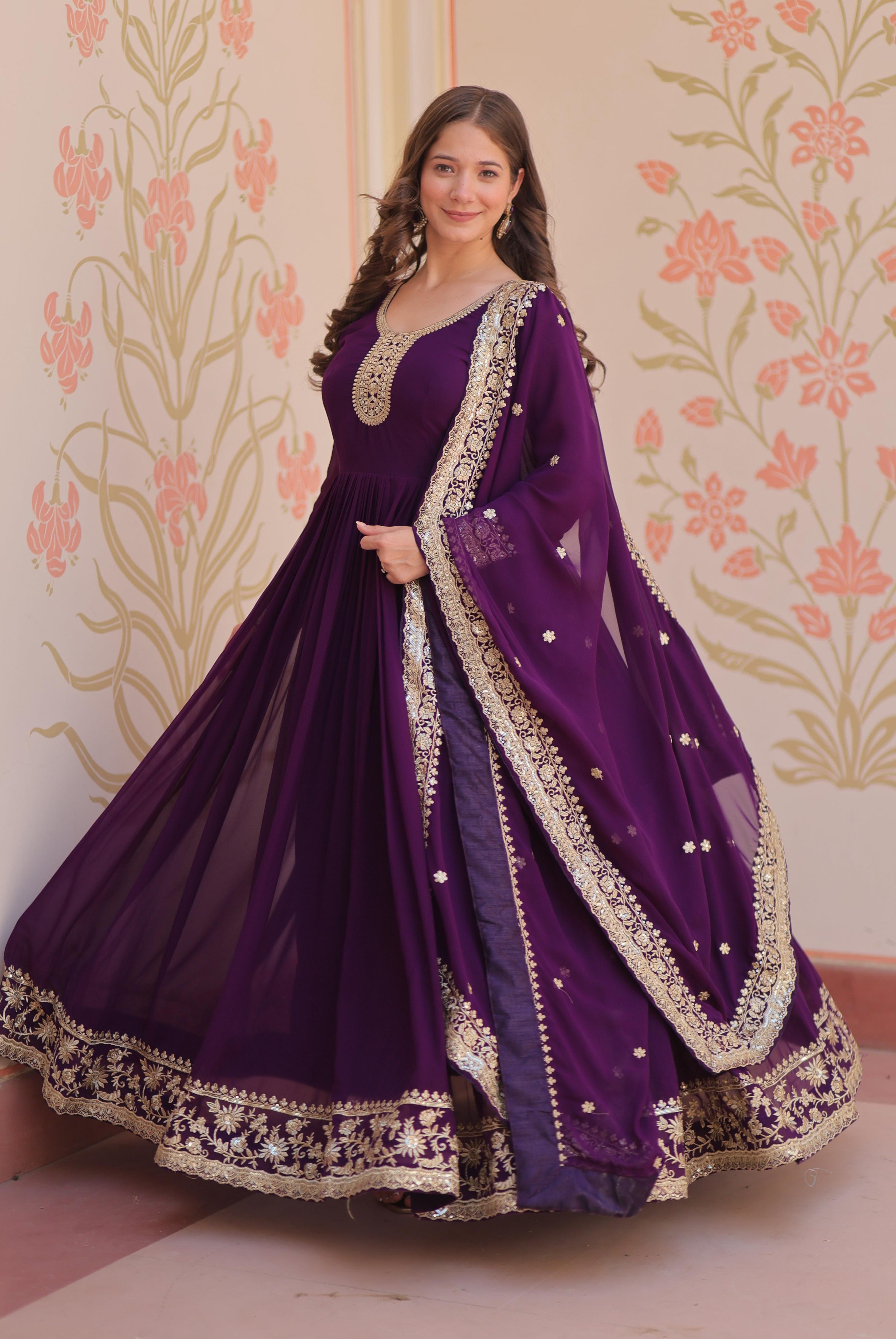 Vedant Vastram Georgette Embroidery & Sequence Work Stitched Ethnic Gown-Purple
