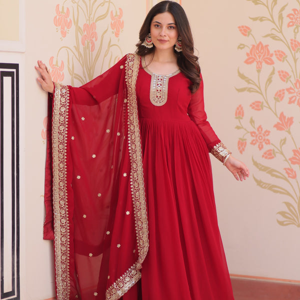 Prazu Fashion Maroon Georgette Zari & Sequins Embroidered Gown - Distacart