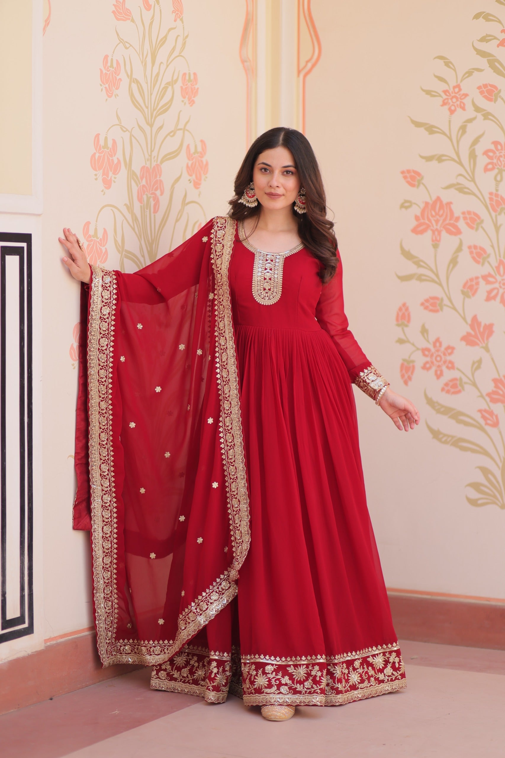 Prazu Fashion Maroon Georgette Zari & Sequins Embroidered Gown - Distacart