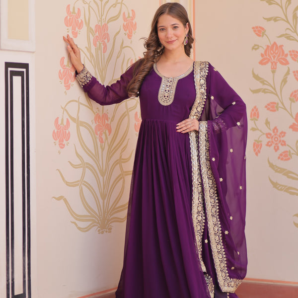 Prazu Fashion Purple Georgette Zari & Sequins Embroidered Gown - Distacart