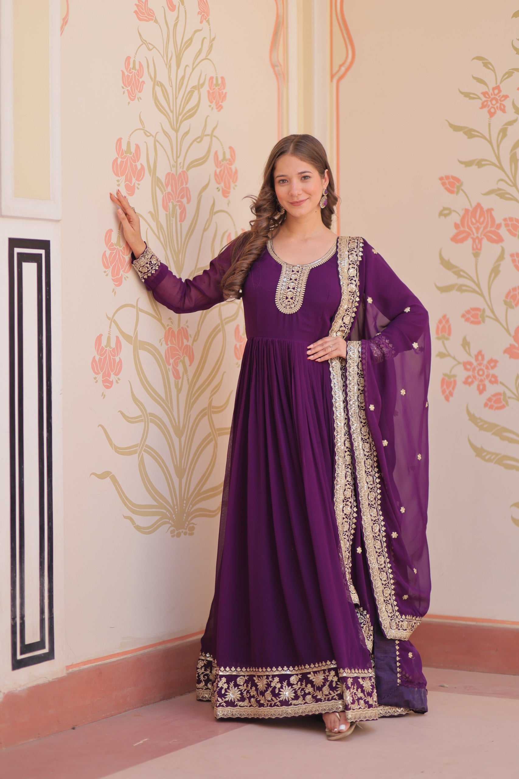Prazu Fashion Purple Georgette Zari & Sequins Embroidered Gown - Distacart