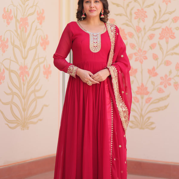 Prazu Fashion Rani Pink Georgette Zari & Sequins Embroidered Gown - Distacart