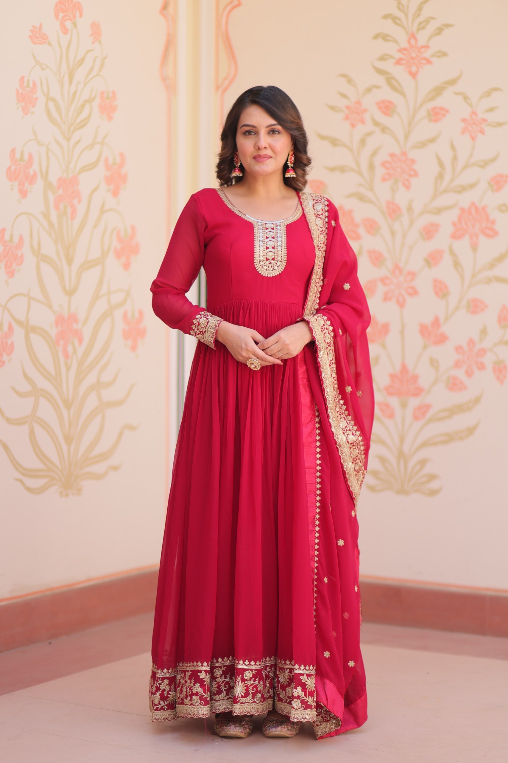 Prazu Fashion Rani Pink Georgette Zari & Sequins Embroidered Gown - Distacart