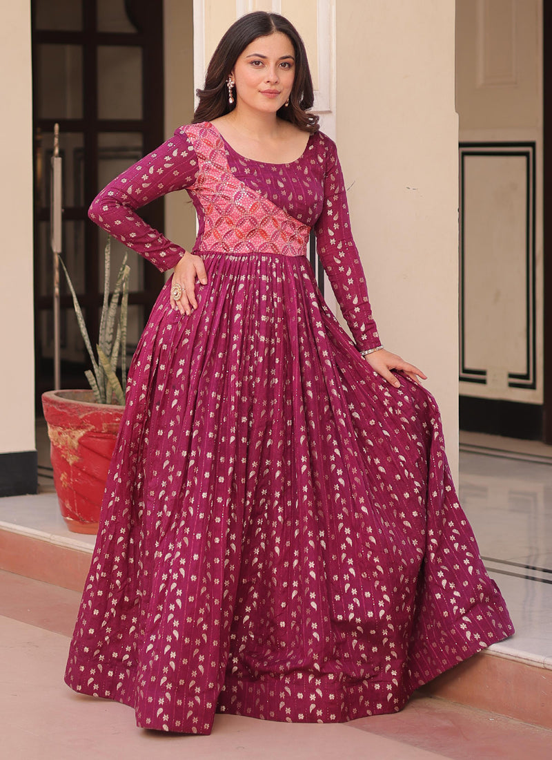 Prazu Fashion Wine Silk Position Print Jacquard Weaving Gown - Distacart