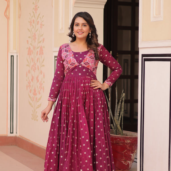 Prazu Fashion Wine Position Print Choli With Staple Jequard Weaving Work Gown - Distacart