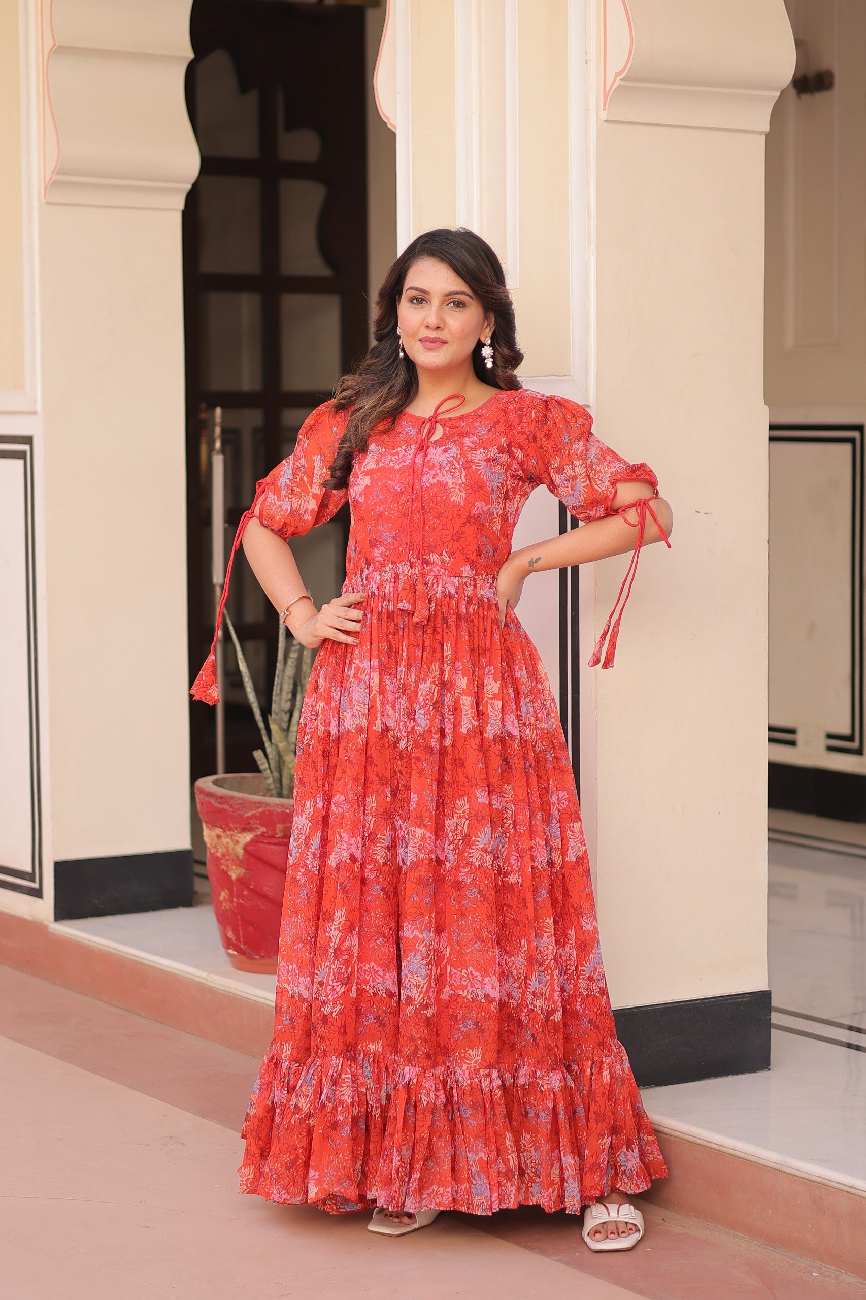 Prazu Fashion Red Georgette Printed Gown