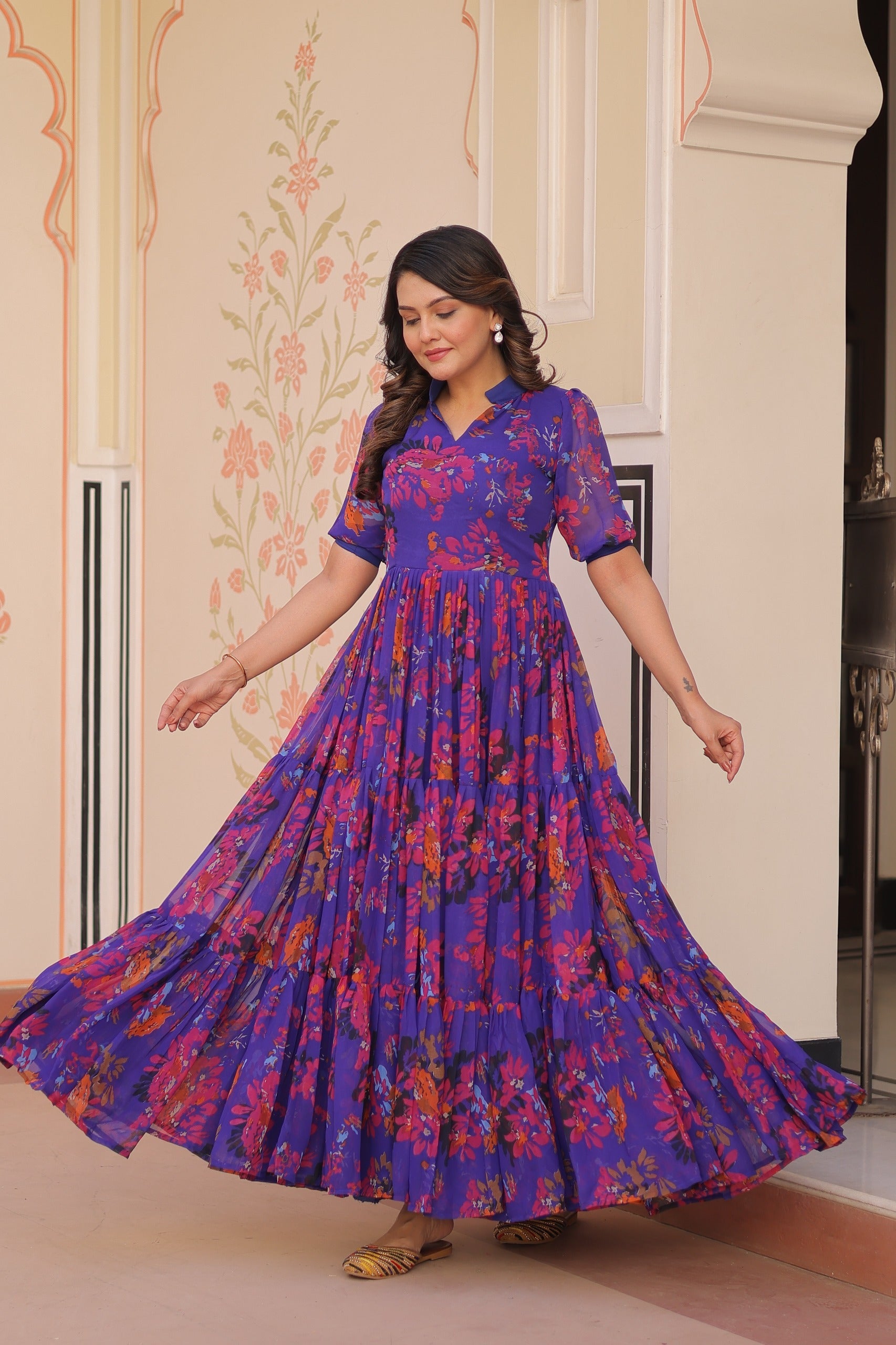 Prazu Fashion Violet Blue Georgette Printed Designer Gown - Distacart