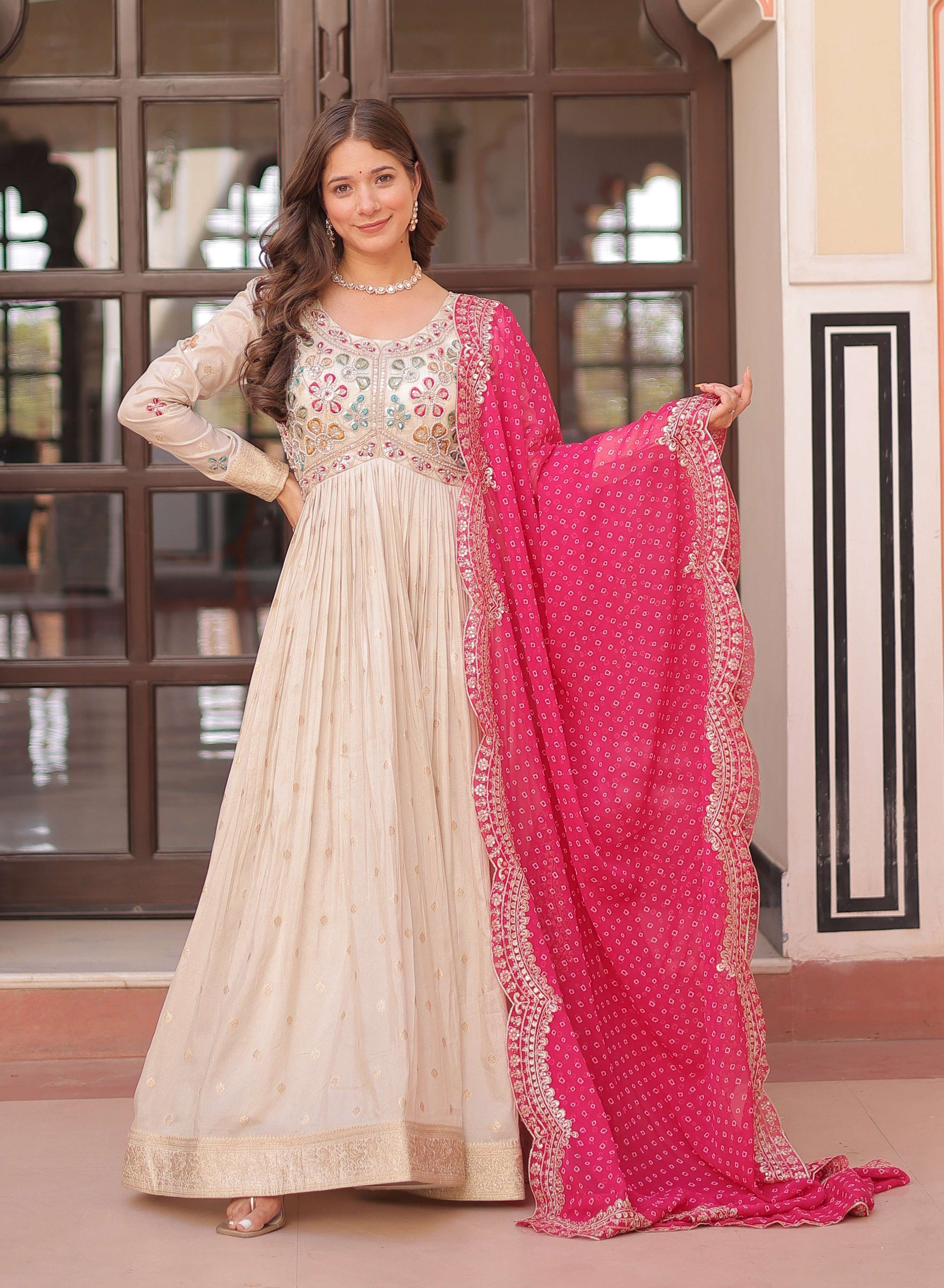 Vedant Vastram Russian Silk Embroidery & Sequence Work Stitched Ethnic Gown-Pink