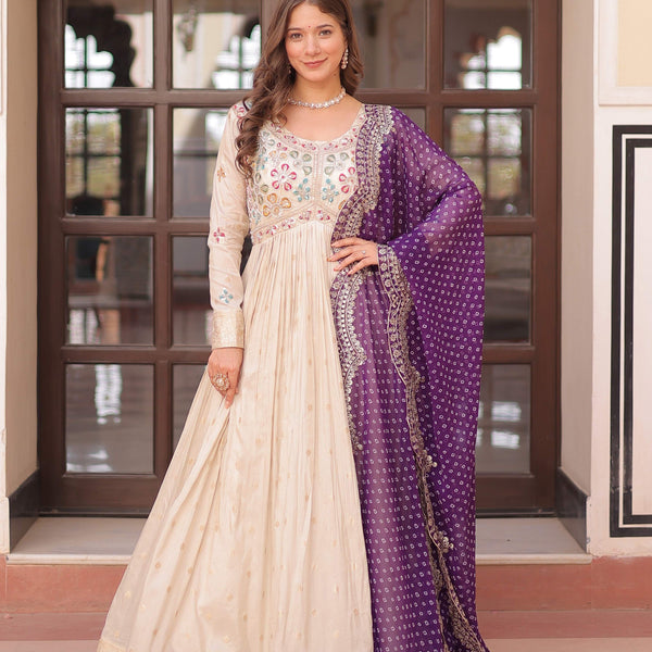 Vedant Vastram Russian Silk Embroidery & Sequence Work Stitched Ethnic Gown-Purple - Distacart