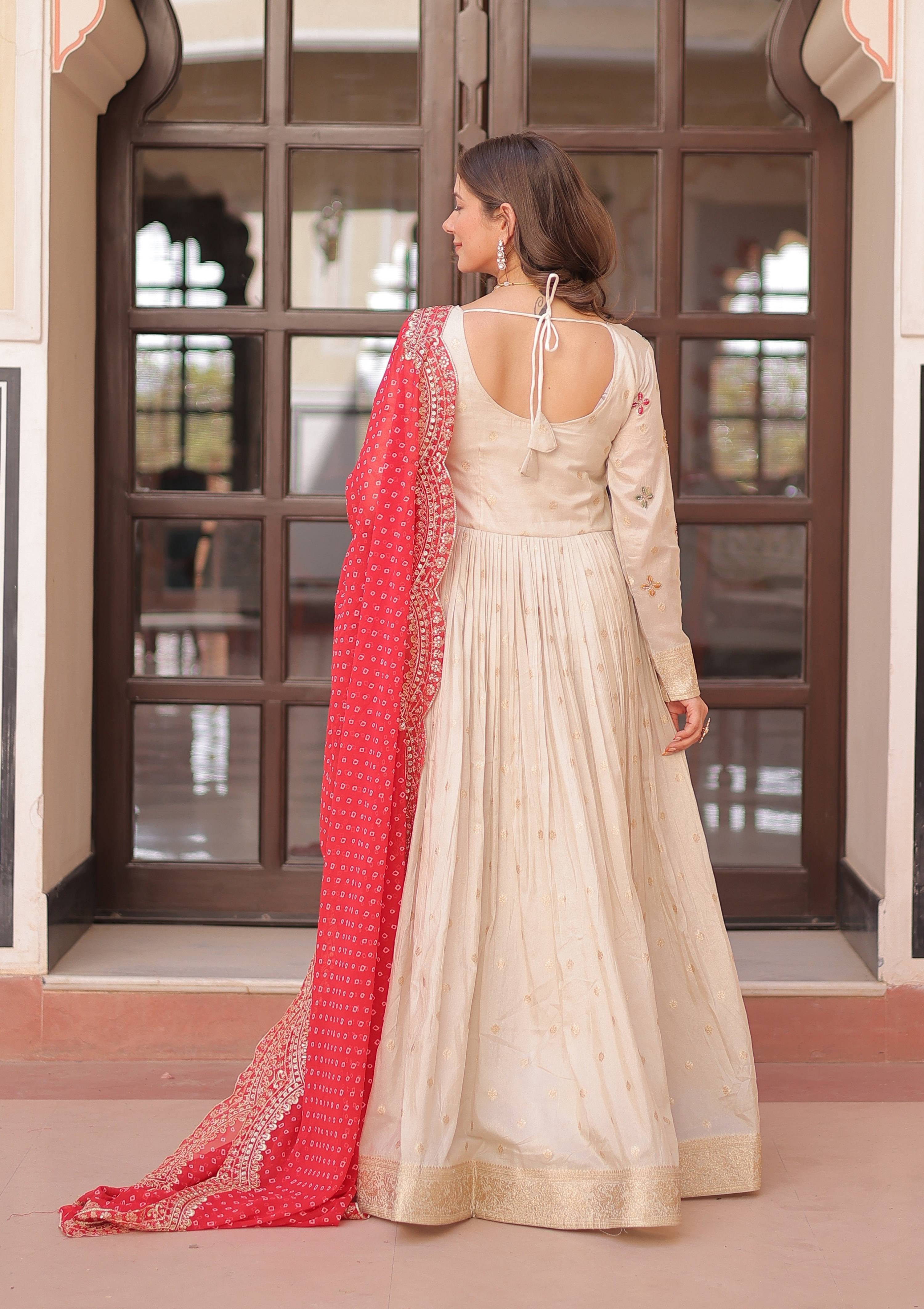 Vedant Vastram Russian Silk Embroidery & Sequence Work Stitched Ethnic Gown-Red