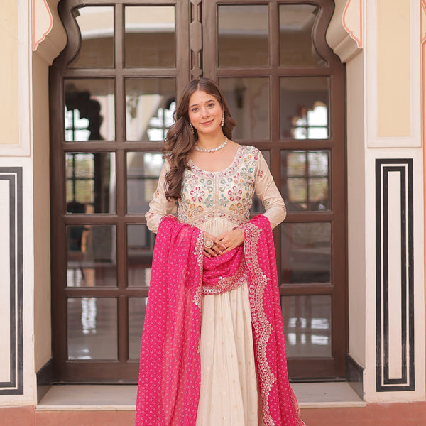 Prazu Fashion Cream Cosmos Weaving Jacquard Pearl Beads Embroidered Gown - Distacart