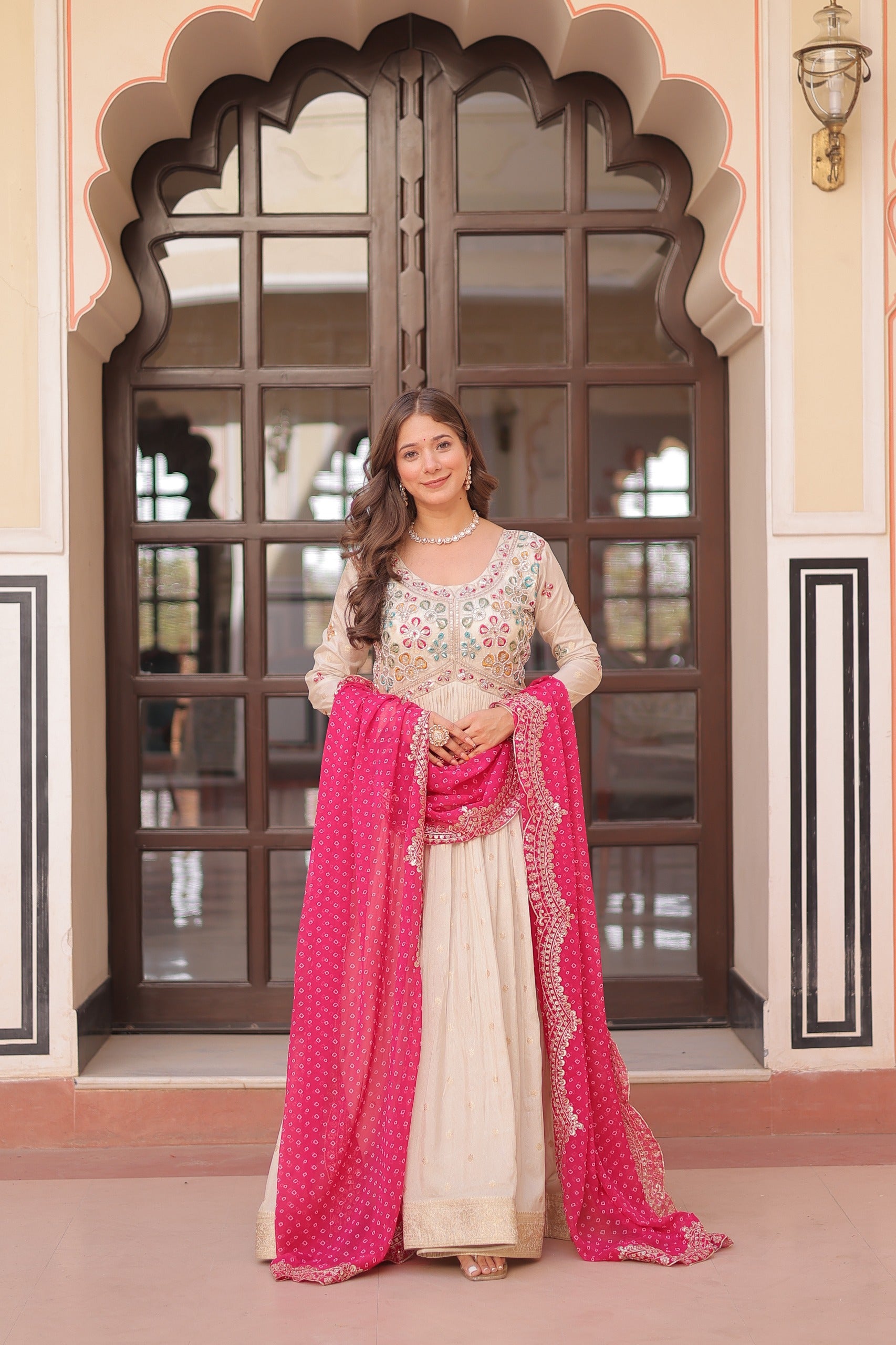 Prazu Fashion Cream Cosmos Weaving Jacquard Pearl Beads Embroidered Gown - Distacart