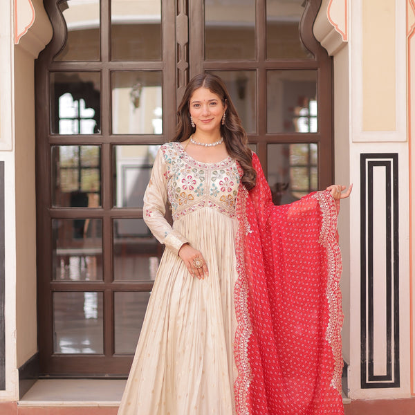 Prazu Fashion Cream Cosmos Weaving Jacquard Pearl Beads Embroidered Gown - Distacart