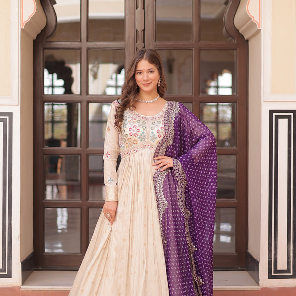Prazu Fashion Cream Cosmos Weaving Jacquard Pearl Beads Embroidered Gown - Distacart
