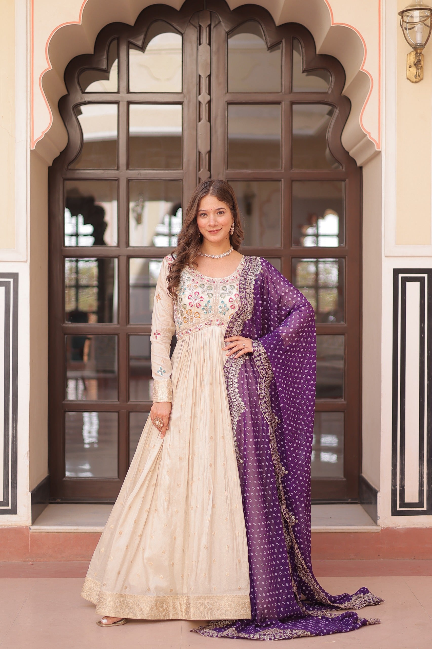 Prazu Fashion Cream Cosmos Weaving Jacquard Pearl Beads Embroidered Gown - Distacart