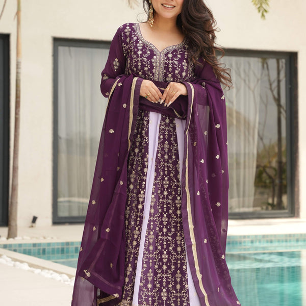 Vedant Vastram Georgette Embroidery & Sequence Work Stitched Ethnic Gown-Wine