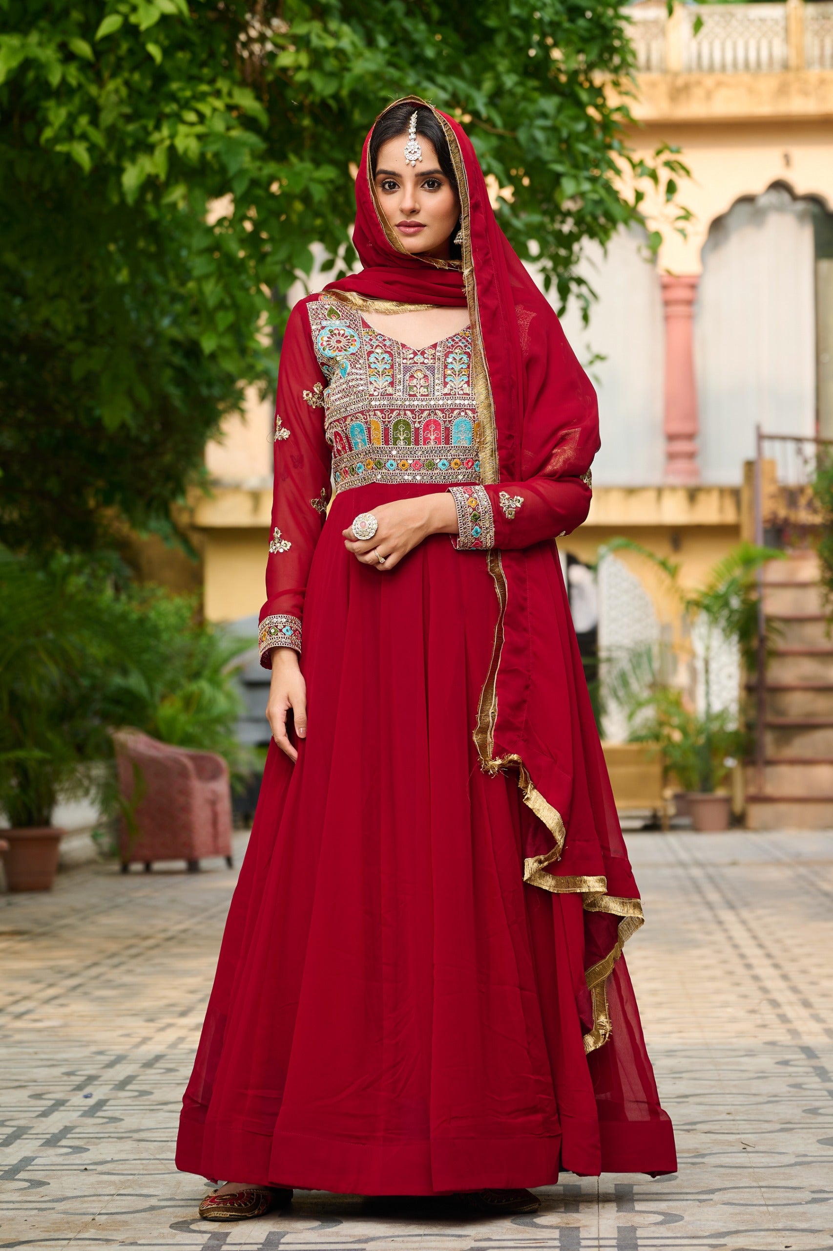 Prazu Fashion Maroon Georgette Embroidered Gown With Dupatta