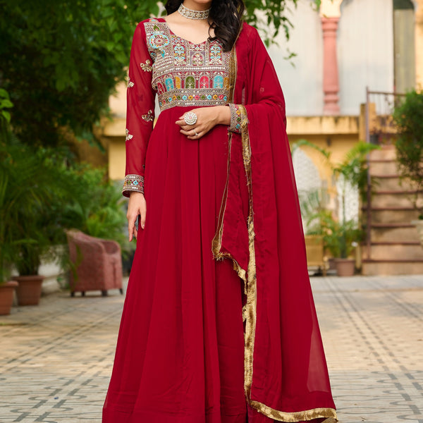 Prazu Fashion Maroon Georgette Embroidered Gown With Dupatta - Distacart