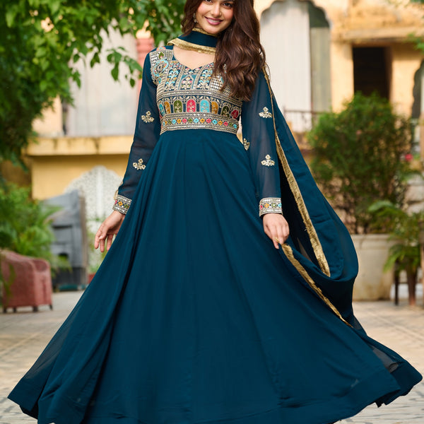Prazu Fashion Rama Georgette Embroidered Gown With Dupatta - Distacart