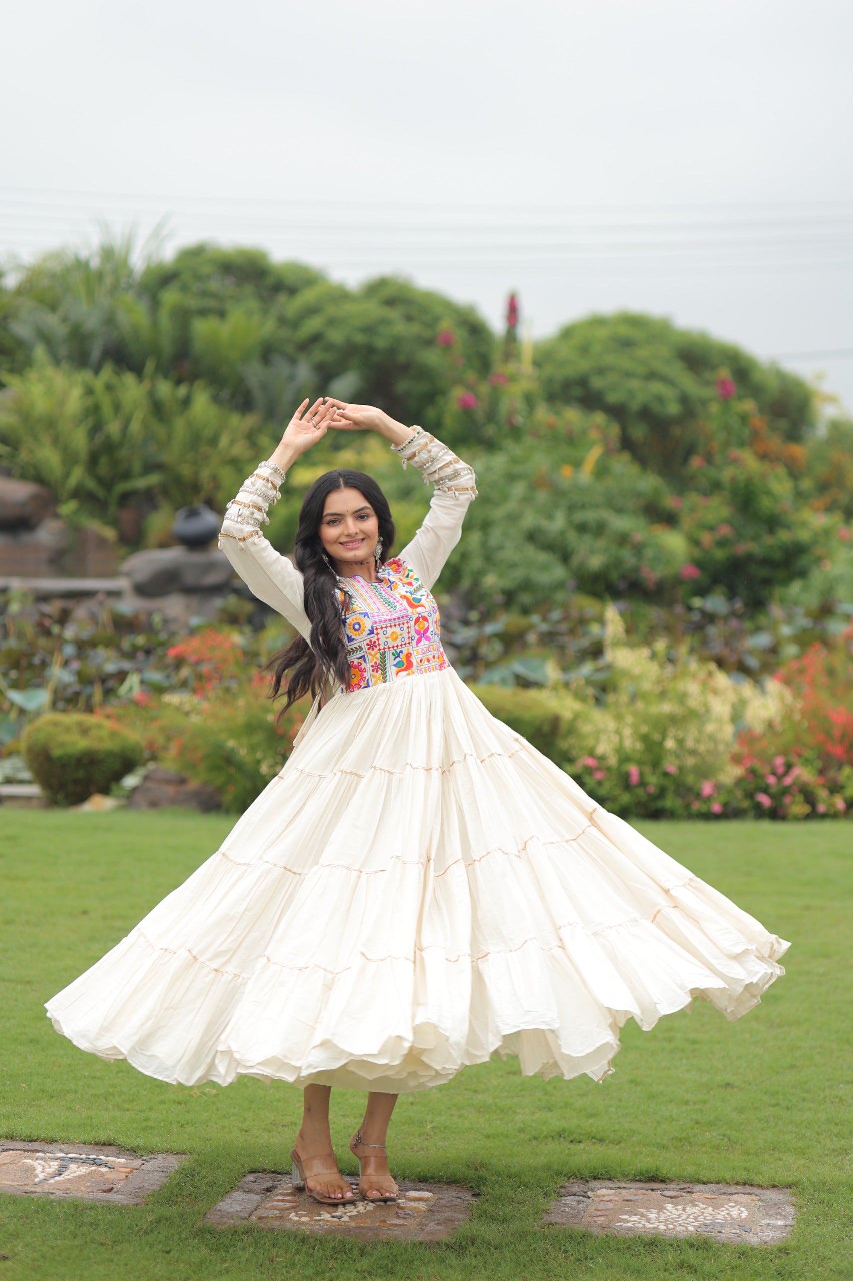 Prazu Fashion Off White Cotton Thread Embroiderd Navratri Gown - Distacart