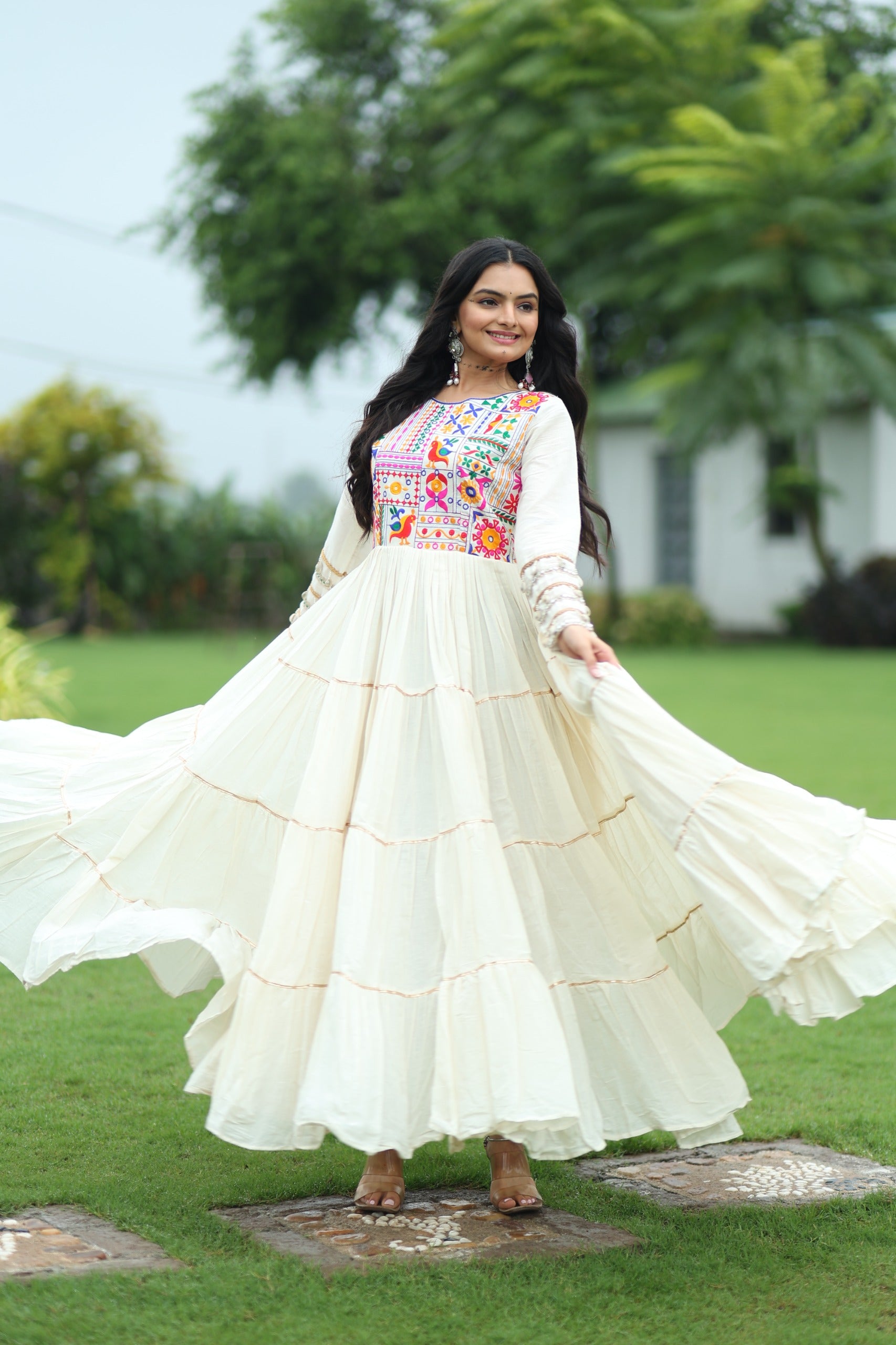 Prazu Fashion Off White Cotton Thread Embroiderd Navratri Gown