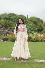 Thumbnail for Prazu Fashion Off White Cotton Thread Embroiderd Navratri Gown