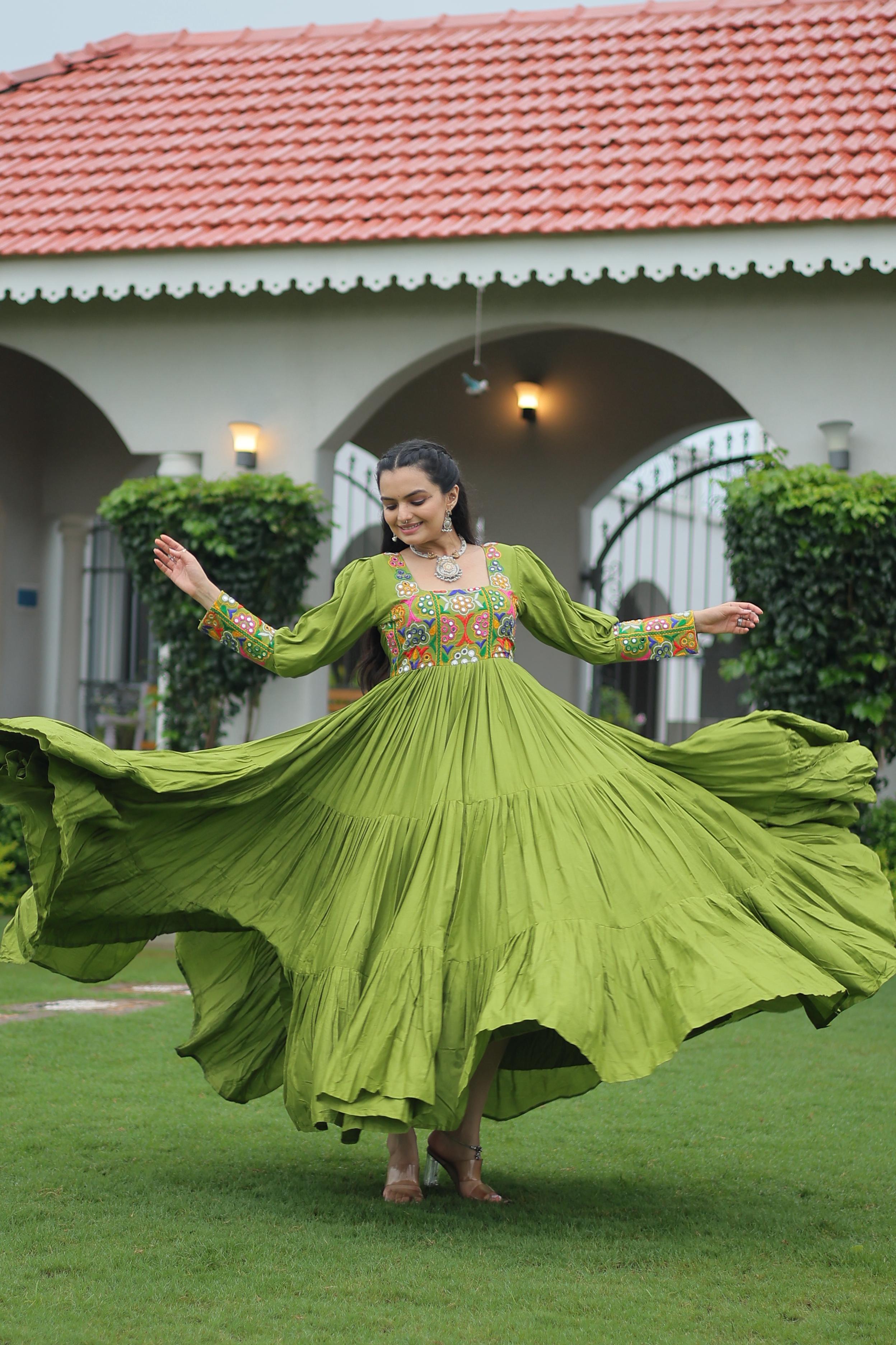 Prazu Fashion Parrot Reyon Kutchi Gamthi Work Navaratri Gown - Distacart