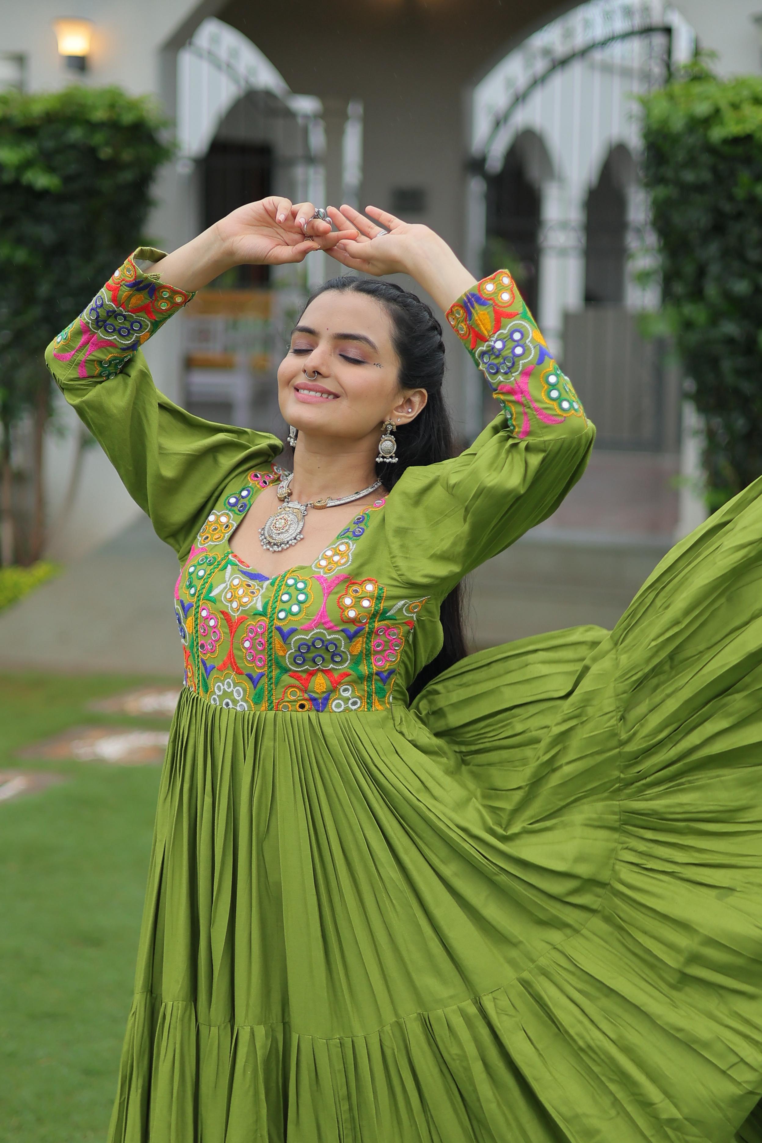 Prazu Fashion Parrot Reyon Kutchi Gamthi Work Navaratri Gown