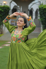 Thumbnail for Prazu Fashion Parrot Reyon Kutchi Gamthi Work Navaratri Gown