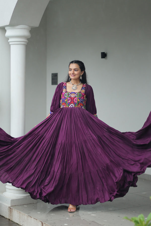 Prazu Fashion Wine Reyon Kutchi Gamthi Work Navaratri Gown