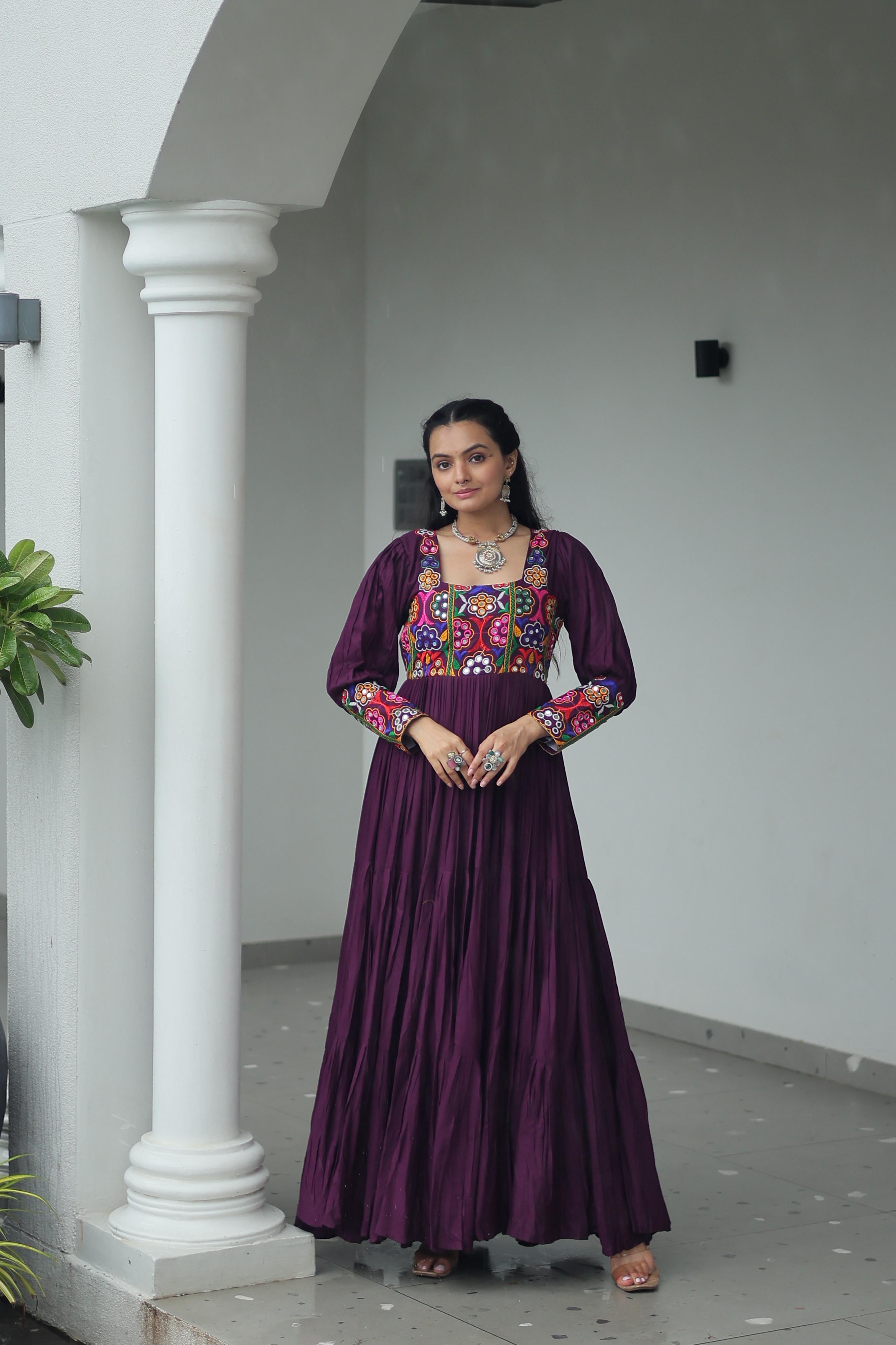 Prazu Fashion Wine Reyon Kutchi Gamthi Work Navaratri Gown - Distacart