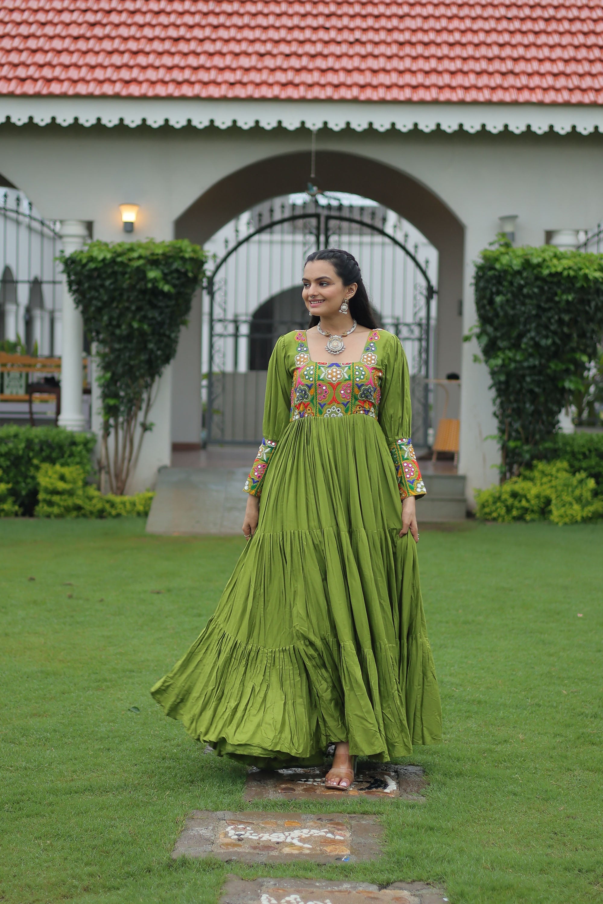 Lorenvalley Fashion Parotgreen Rayon with Kutchi Gamthi Work Gown