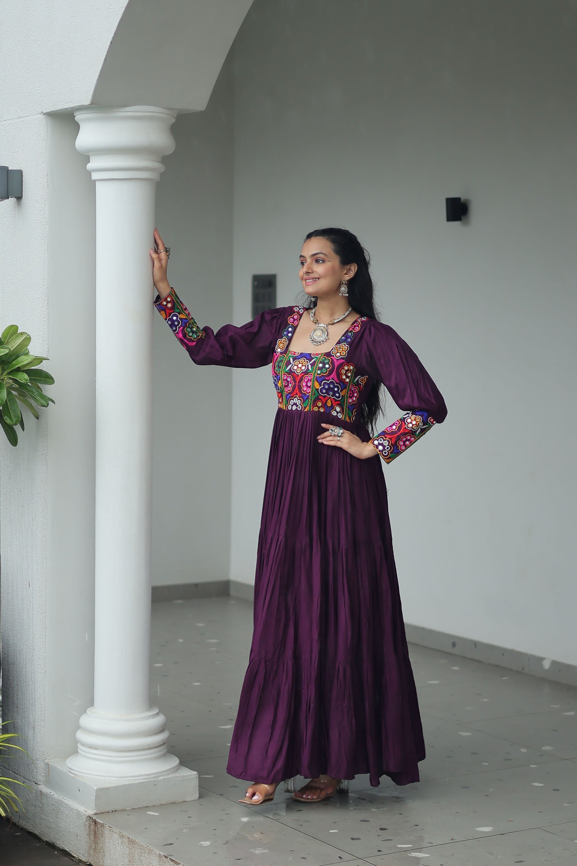 Lorenvalley Fashion Wine Rayon with Kutchi Gamthi Work Gown - Distacart