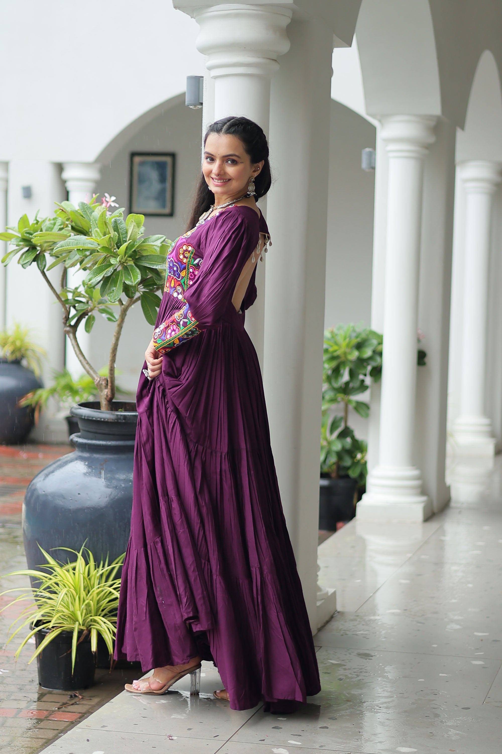 Lorenvalley Fashion Wine Rayon with Kutchi Gamthi Work Gown