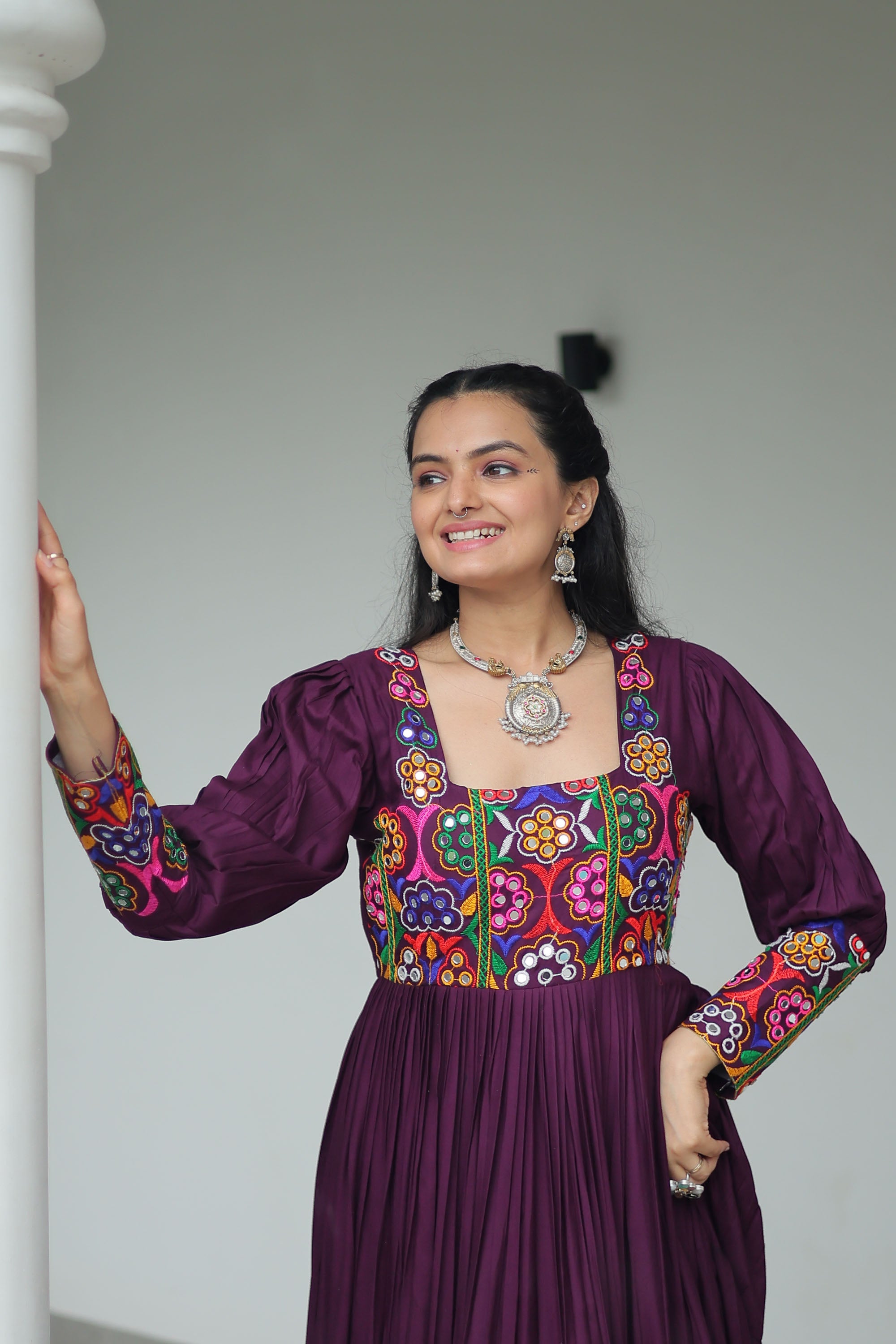 Lorenvalley Fashion Wine Rayon with Kutchi Gamthi Work Gown