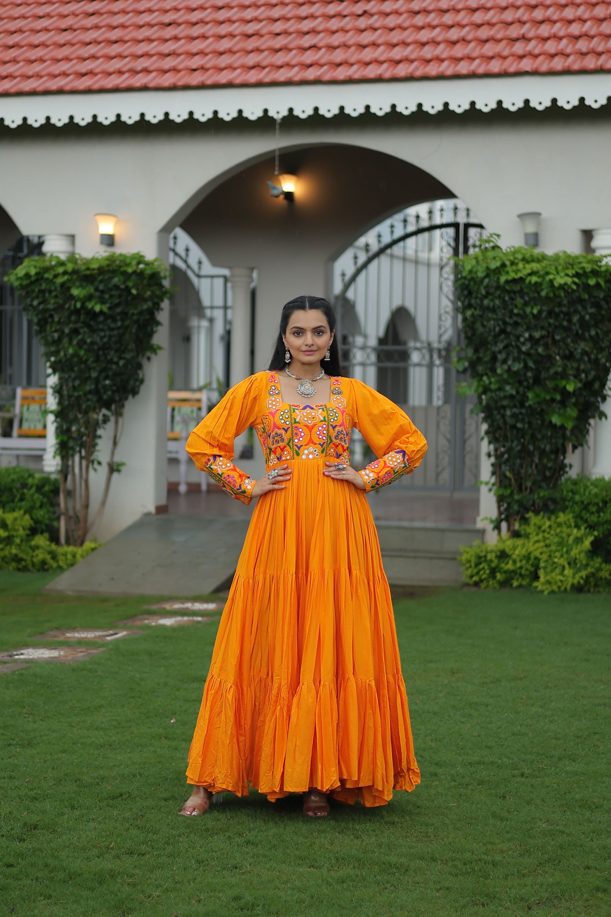 Lorenvalley Fashion Orange Rayon with Kutchi Gamthi Work Gown