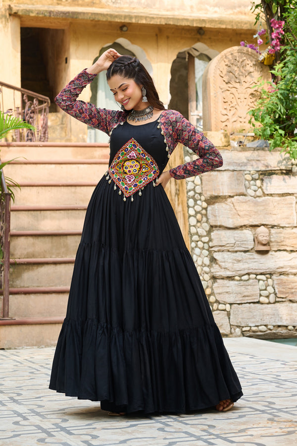 Prazu Fashion Black Reyon With Kutchi Gamthi Embroidered Navaratri Gown