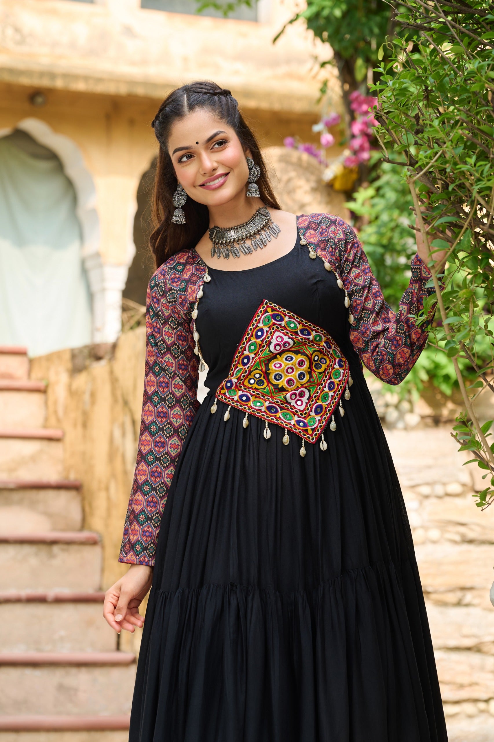 Prazu Fashion Black Reyon With Kutchi Gamthi Embroidered Navaratri Gown