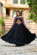 Thumbnail for Prazu Fashion Black Reyon With Kutchi Gamthi Embroidered Navaratri Gown