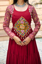 Thumbnail for Prazu Fashion Maroon Reyon With Kutchi Gamthi Embroidered Navaratri Gown