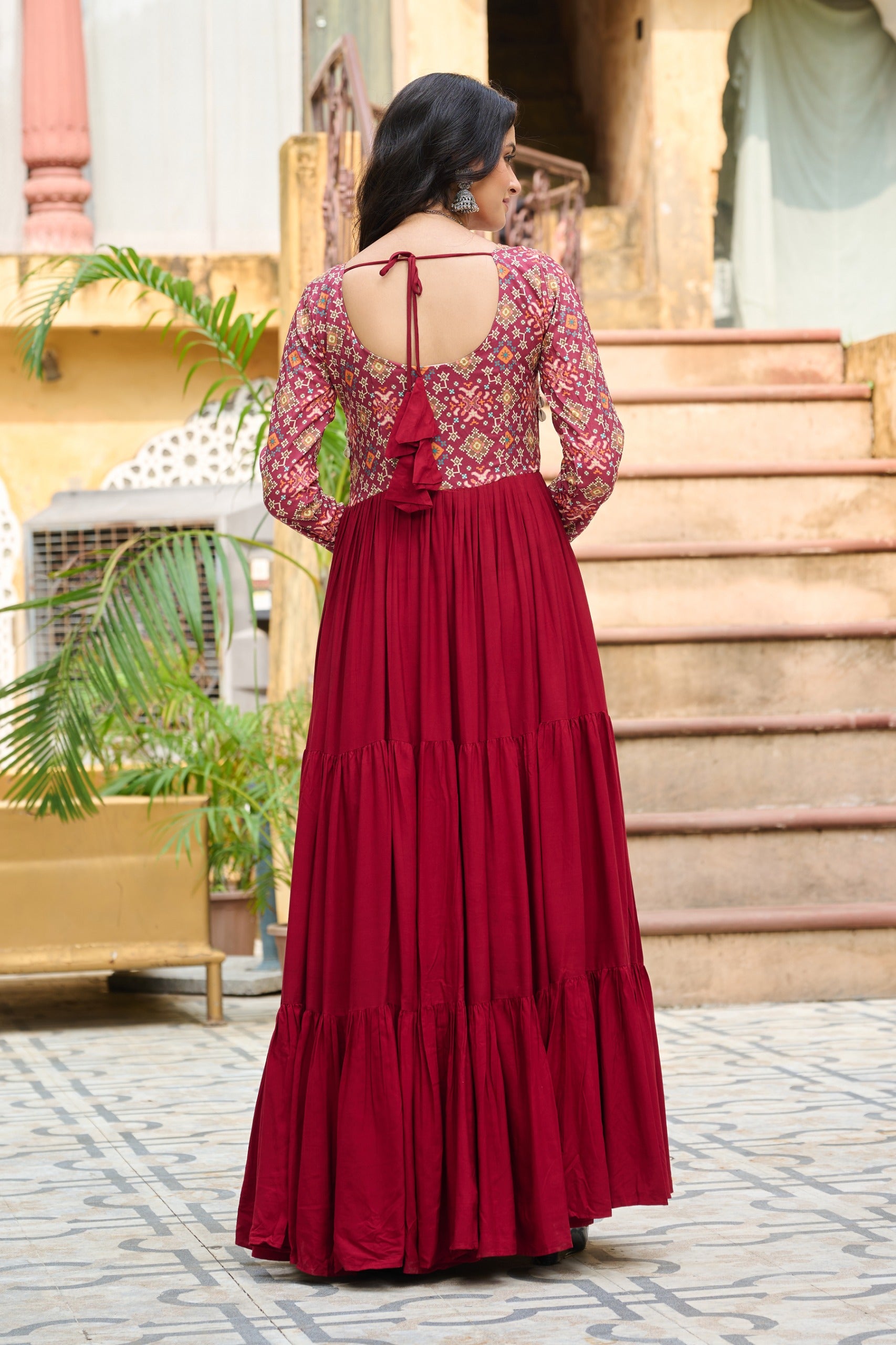Prazu Fashion Maroon Reyon With Kutchi Gamthi Embroidered Navaratri Gown