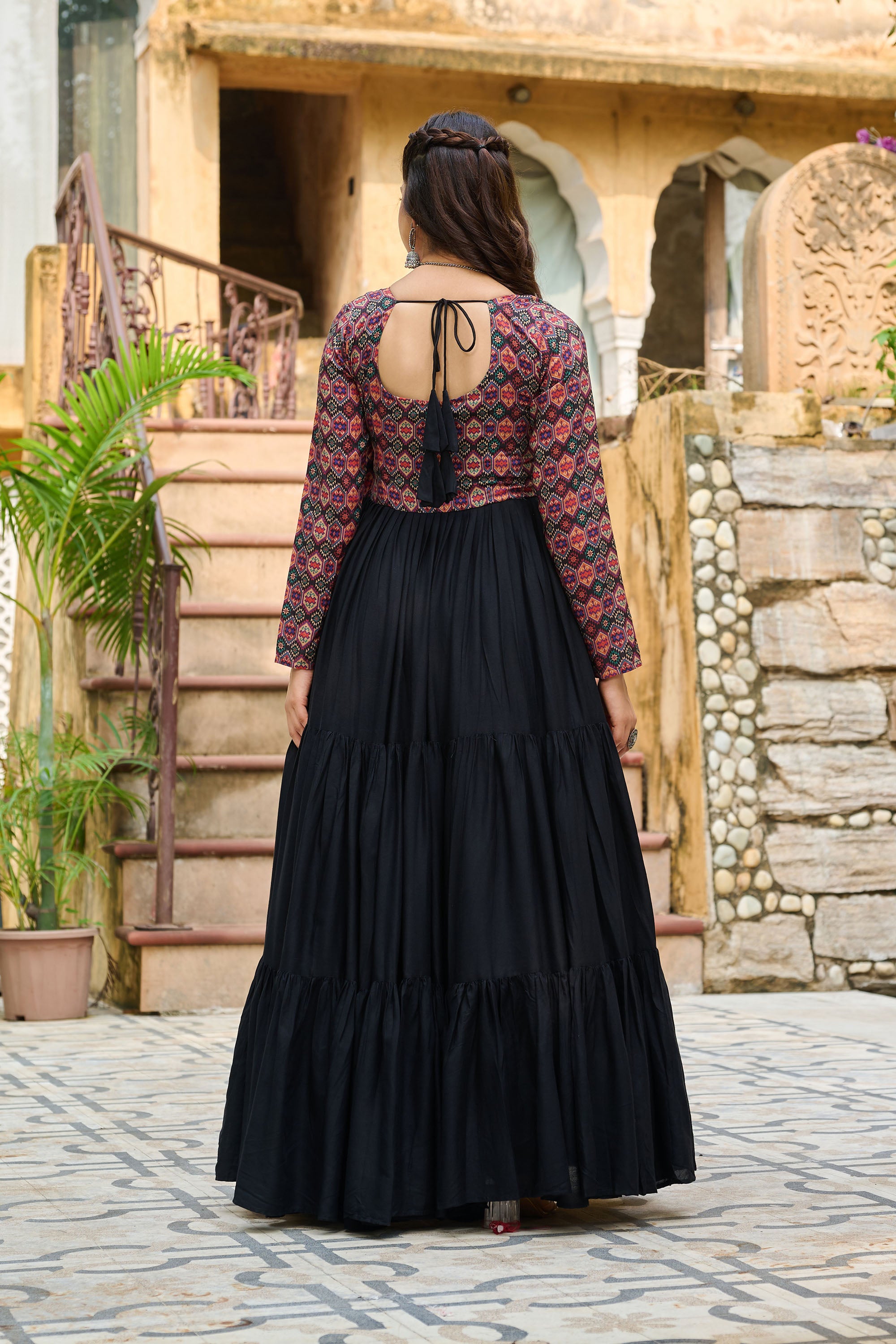 Lorenvalley Fashion Black Rayon Kutchi Gamthi Embroidered Work & Cotton Print Work Gown - Distacart
