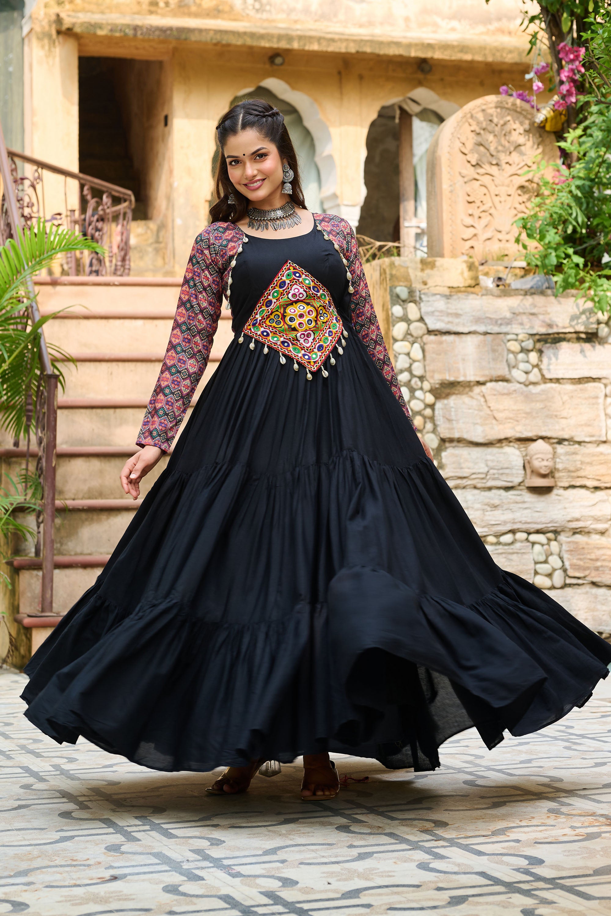 Lorenvalley Fashion Black Rayon Kutchi Gamthi Embroidered Work & Cotton Print Work Gown
