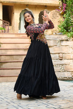 Thumbnail for Lorenvalley Fashion Black Rayon Kutchi Gamthi Embroidered Work & Cotton Print Work Gown