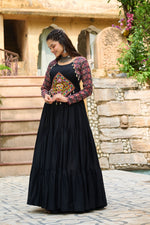 Thumbnail for Lorenvalley Fashion Black Rayon Kutchi Gamthi Embroidered Work & Cotton Print Work Gown