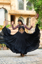 Thumbnail for Lorenvalley Fashion Black Rayon Kutchi Gamthi Embroidered Work & Cotton Print Work Gown