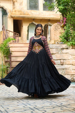 Thumbnail for Lorenvalley Fashion Black Rayon Kutchi Gamthi Embroidered Work & Cotton Print Work Gown