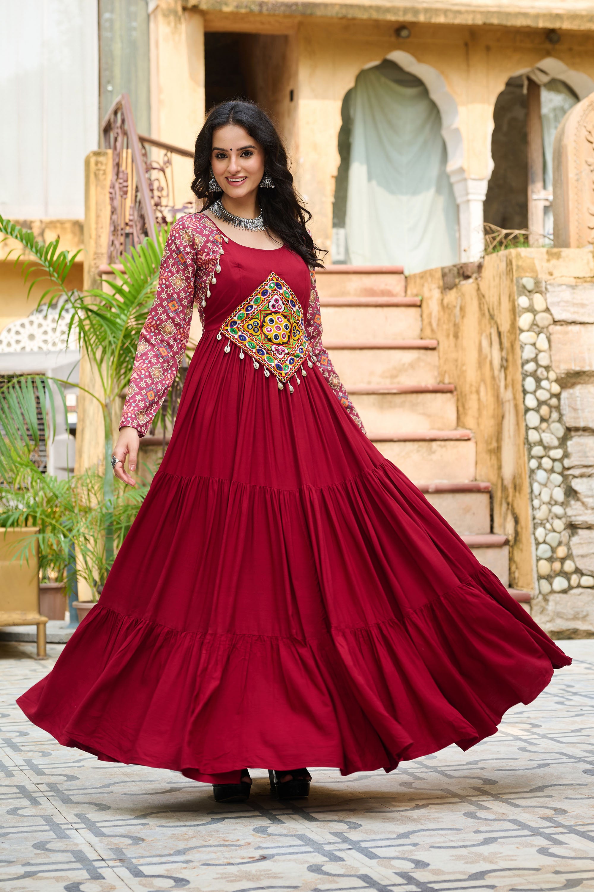Lorenvalley Fashion Maroon Rayon Kutchi Gamthi Embroidered Work & Cotton Print Work Gown - Distacart